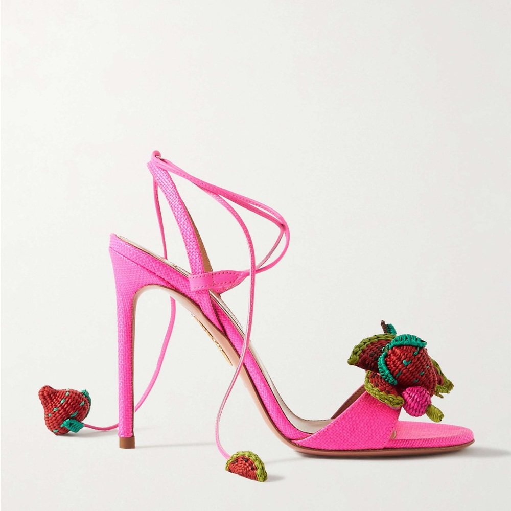 Worn once AQUAZZURA Strawberry Punch embellished raffia sandals 37